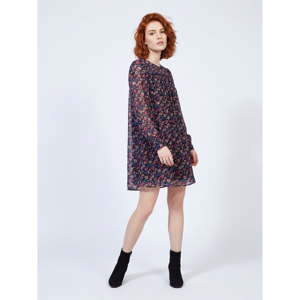 Zara Women Floral Print Long Sleeve Babydoll Mini Dress Multi Color Size Medium